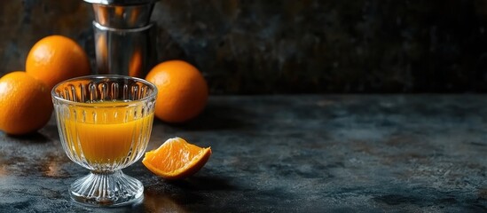 Poster - Freshly squeezed orange juice in a vintage glass with oranges on a dark textured background and ample copy space for text.