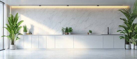 Poster - Modern minimalist kitchen interior with marble backsplash, white cabinetry, lush green plants, and ample copy space for text.