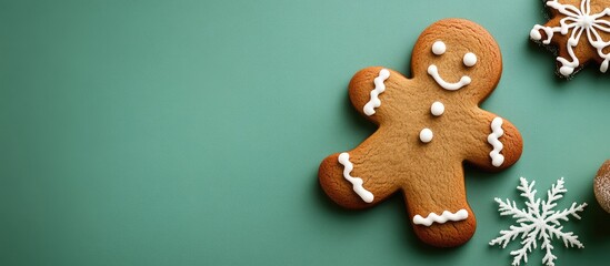 Poster - Gingerbread cookie with decorative icing and snowflake shapes on a green background with Copy Space for text placement