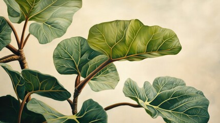 Poster - Fiddle Leaf Fig Plant Leaves Close Up with Soft Focus Background and Copy Space for Text