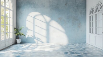 Aufkleber - Empty modern interior with large windows and minimalist decor featuring sunlight shadows on textured walls and tiled floor Copy Space