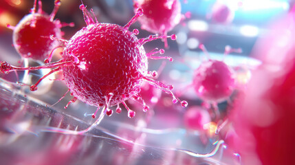 Poster - Vibrant close up of pink virus particles with spikes, showcasing intricate details and textures. image captures essence of microbiology and cellular structures
