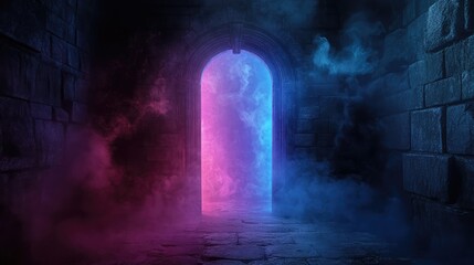 Mysterious illuminated archway with colorful mist and smoke effects in a dark stone corridor Copy Space