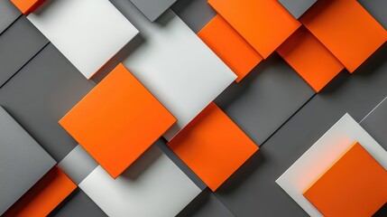 Poster - Abstract composition of geometric shapes in orange, gray, and white with layered squares and rectangles on a flat surface Copy Space