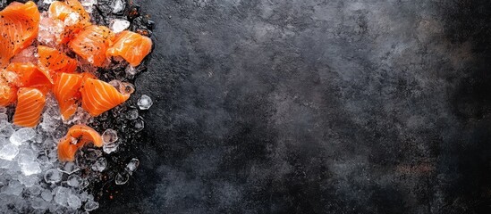 Poster - Fresh salmon fillet pieces on crushed ice with dark stone background and copy space for text or branding.