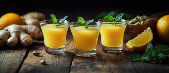 Poster - Fresh citrus juice in glasses with mint leaves on rustic wooden table surrounded by ginger, oranges, and green herbs Copy Space