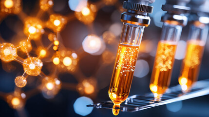 Poster - Close up of test tubes with orange liquid, showcasing scientific research and biotechnology. background features molecular structures, emphasizing innovation and discovery