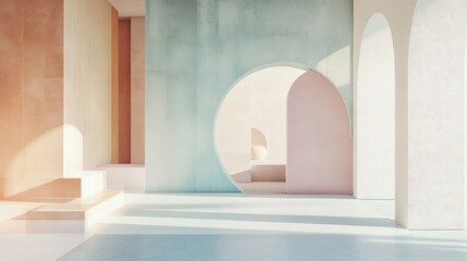 Poster - Abstract modern architectural interior with arches and soft pastel colors featuring ample copy space for text placement