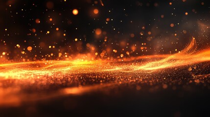 Fototapete - Abstract glowing particles in motion with warm orange tones on a dark background ideal for texture or backdrop with Copy Space
