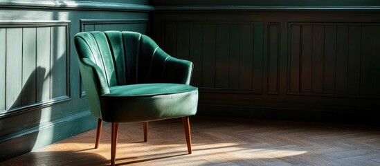Poster - Green upholstered armchair in a modern interior with natural light and shadows on wooden floor Copy Space