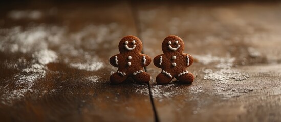 Poster - Gingerbread men cookies on a wooden surface with flour powder and a dark background Copy Space