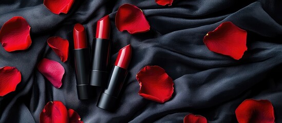 Aufkleber - Lipsticks on black satin fabric surrounded by rose petals with Copy Space for text placement