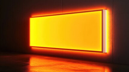 Poster - Illuminated rectangular neon sign with orange glow on dark background and reflective surface Copy Space