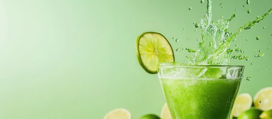 Aufkleber - Fresh green lime smoothie splashing in a glass with lime slice on rim against light green background with copy space