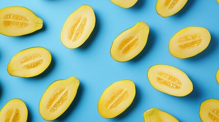 Poster - Sliced yellow melons arranged on a blue background with copy space for text placement