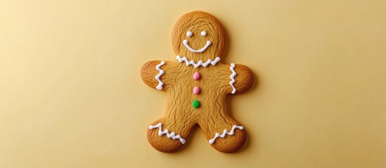 Poster - Gingerbread man cookie with frosting and candy decorations on a beige background with Copy Space
