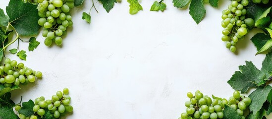 Poster - Green grapevine with fresh grapes and leaves arranged on a white marble surface with ample copy space