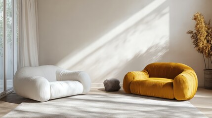 Poster - Modern interior design with white and mustard yellow plush sofas in a bright room with natural light and minimalist decor Copy Space