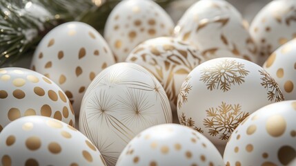 Decorative Easter eggs with gold patterns arranged creatively for spring celebration