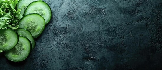 Poster - Fresh cucumber slices with leafy greens on textured dark background with Copy Space for food-related text or graphics.