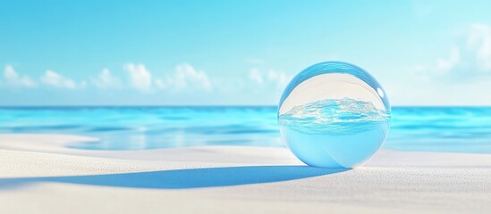 Poster - Clear glass sphere on sandy beach with blue ocean and sky background and soft clouds Copy Space