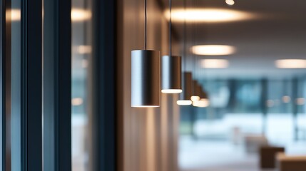 Poster - Modern interior design featuring metallic pendant lights in a contemporary hallway with natural light and wooden accents Copy Space