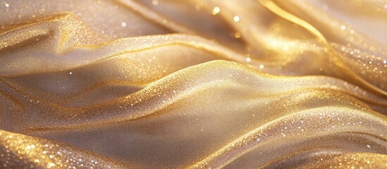 Poster - Golden silk fabric background with soft waves and shimmering texture suitable for design applications Copy Space