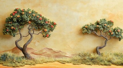 Poster - Textured wall art featuring two decorative trees with colorful flowers against a sandy landscape and yellow backdrop with copy space.