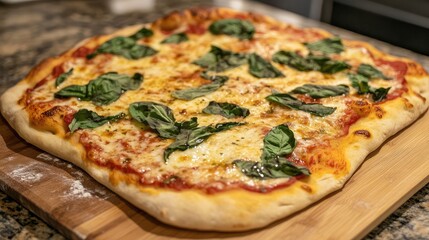 Aufkleber - Freshly baked rectangular pizza topped with mozzarella cheese and basil leaves on a wooden serving board Copy Space