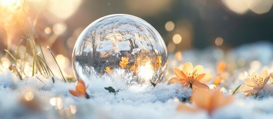 Leinwandbilder - Clear glass bubble surrounded by delicate flowers on soft snow with warm light reflections and bokeh background Copy Space