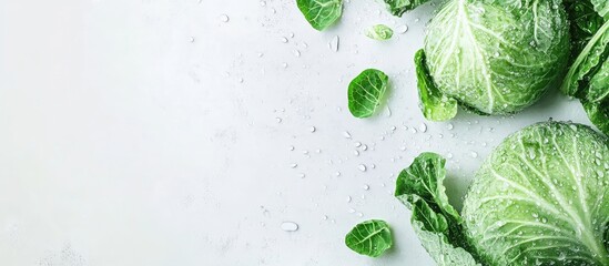 Aufkleber - Fresh green cabbage and leaves with water droplets on a light background with ample copy space