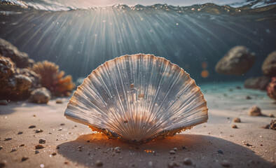 Fototapete - A large white shell is laying on the sand. The sun is shining on it, creating a beautiful and serene atmosphere