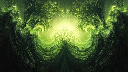 Fototapete - Abstract green fractal waves with swirling patterns and bright center glow suitable for backgrounds and design projects Copy Space
