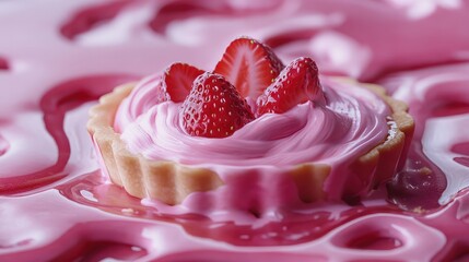 Poster - Strawberry tart with pink cream topped with fresh strawberries on a glossy pink background Copy Space