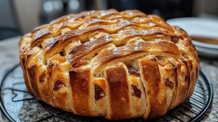 Poster - Freshly baked round bread with a golden crust, scored top, on a wire rack, with blurred background and copy space.