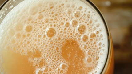 Poster - Close-up of a frothy beer in a glass with bubbles and a warm golden color Copy Space
