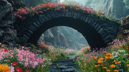 Poster - Flowering meadow with stone arch bridge surrounded by colorful blossoms and lush greenery in a serene natural landscape with copy space