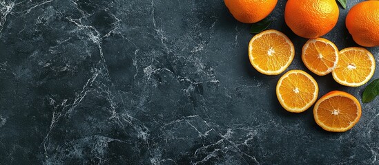 Poster - Fresh oranges and cut orange slices arranged on dark marble surface with copy space for text placement