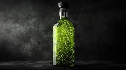 Poster - Green glass bottle with textured surface against a dark background with natural light highlighting features and Copy Space available