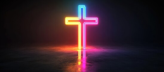 Poster - Neon illuminated cross symbol with colorful gradient against a dark background reflecting on smooth surface Copy Space