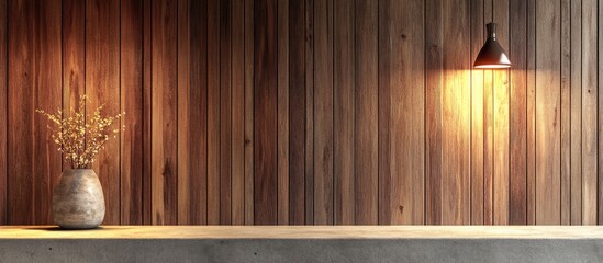 Poster - interior wooden wall with vase and warm overhead light in modern minimalist design copy space