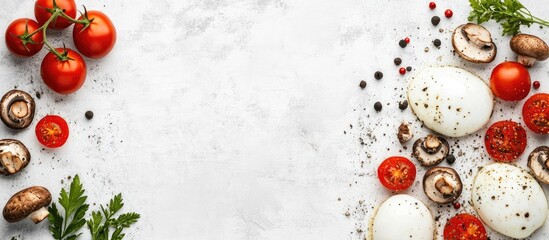 Poster - Fresh vegetables and herbs on a white background with copy space for text including tomatoes, mushrooms, and eggs