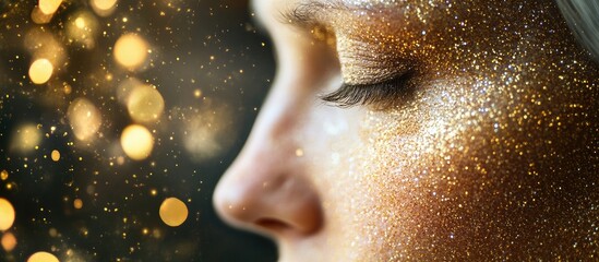 Aufkleber - Close-up profile of a woman with golden glitter on her face surrounded by soft bokeh lights Copy Space