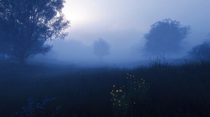 Poster - Misty landscape with trees and wildflowers in foreground during early morning light Copy Space
