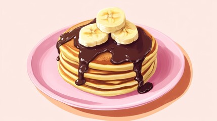 Poster - Stacks of pancakes with banana slices drizzled in chocolate syrup on a pink plate with Copy Space for text