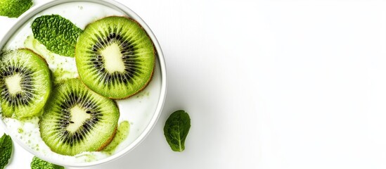 Poster - Fresh kiwi slices on a white plate with mint leaves and yogurt Copy Space for text placement