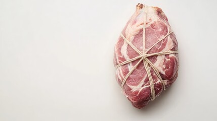 Poster - Raw pork shoulder tied with string against a plain white background with ample copy space for text placement.