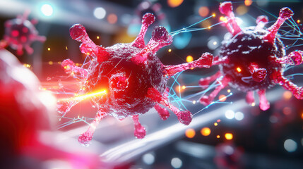 Fototapete - 3D illustration of virus cells with glowing spikes, representing infection and disease. vibrant colors and dynamic background highlight complexity of viral structures