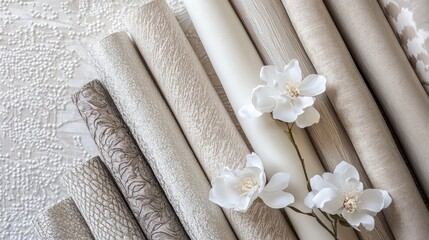 Aufkleber - Textured fabric samples in neutral tones with white flowers on a light background Copy Space