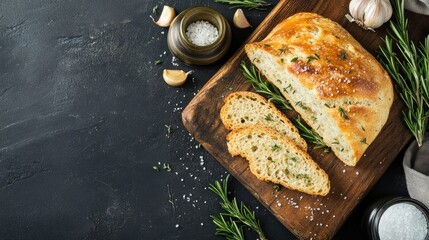 Poster - Freshly baked rosemary bread on wooden board with garlic, fresh rosemary, and sea salt with Copy Space.